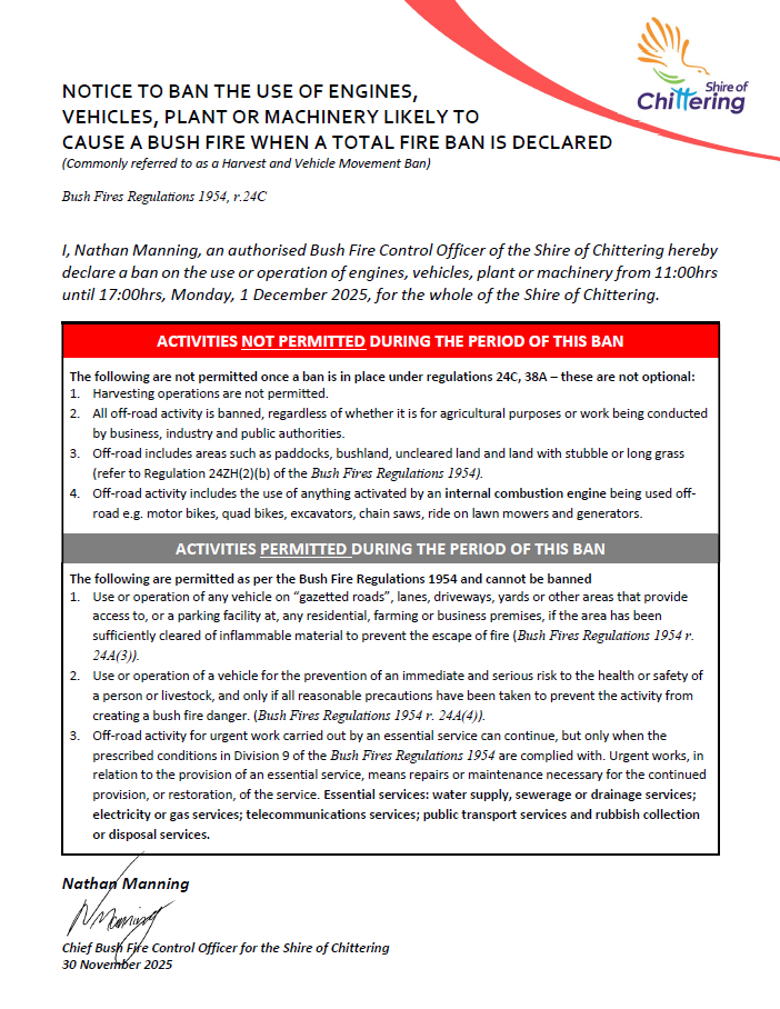 Harvest and Vehicle Movement Ban declared for Monday, 1 December 2025